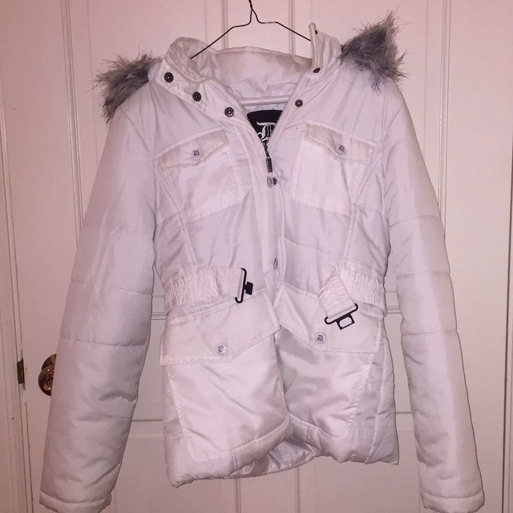 Puffy White Coat With Inside Zebra Striped Hood
